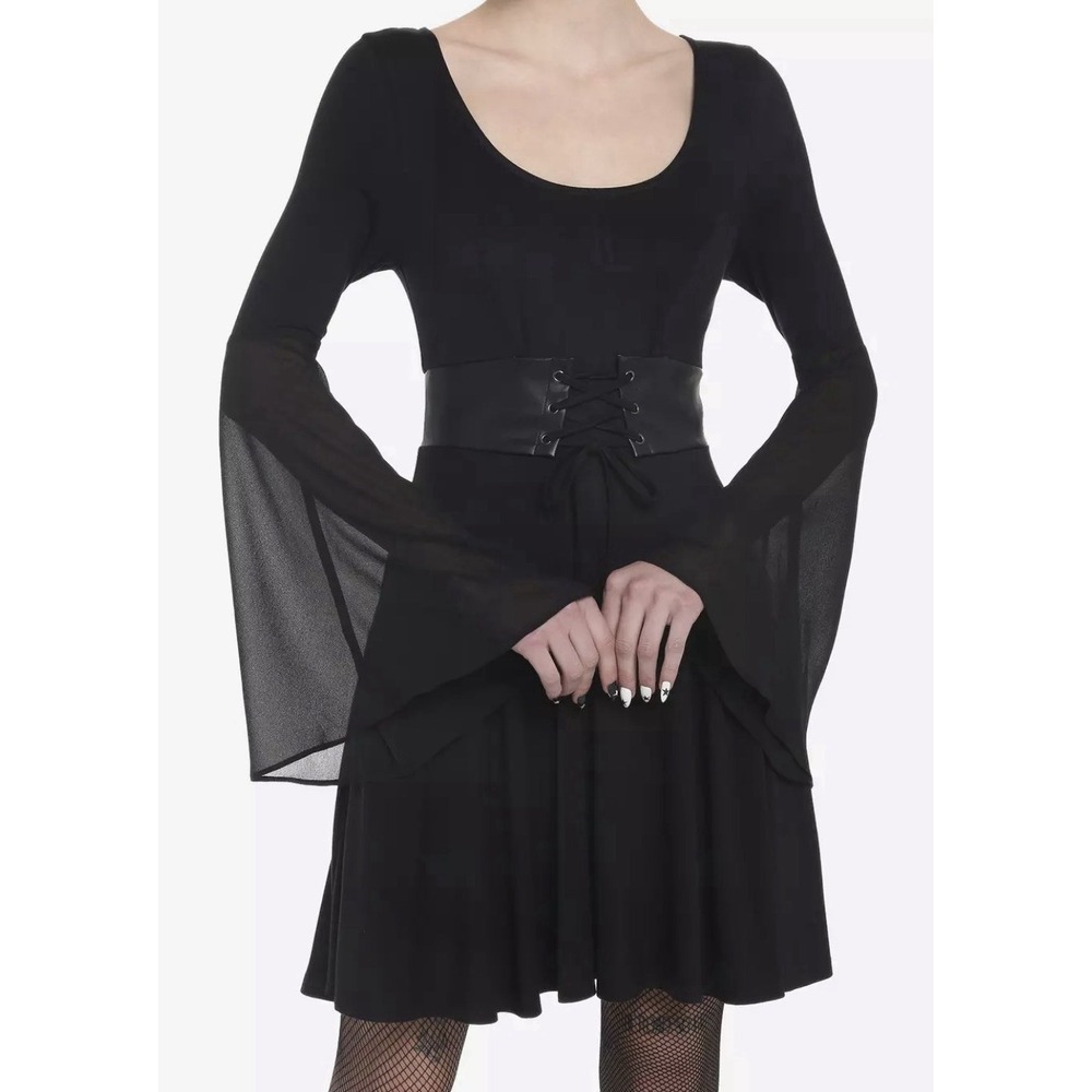 Hot Topic Black Dress Faux Leather Corset Chiffon Sleeve Size Small‎ Goth Witch